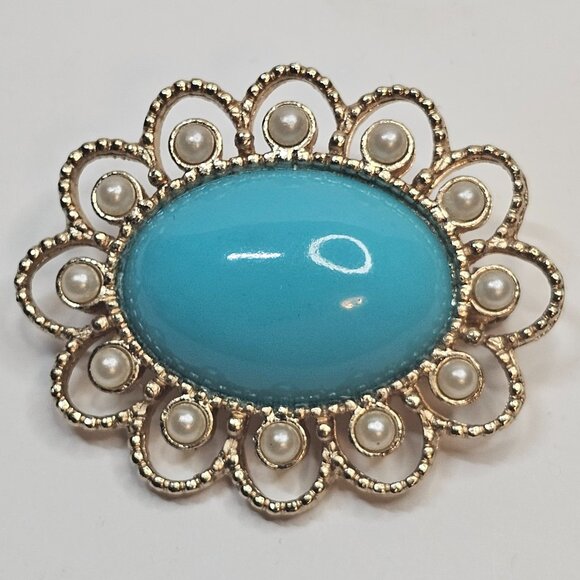 Sarah Coventry Gold Tone Faux Turquoise Pearl Brooch Oval Shape Pin - Picture 1 of 9